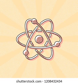 scientific atom symbol, simple icon. Vintage retro typography with offset printing effect. Dots poster with comics pop art background