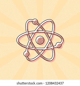 scientific atom symbol, simple icon. Vintage retro typography with offset printing effect. Dots poster with comics pop art background