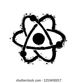 scientific atom symbol, simple icon. Black ink with splashes on white background