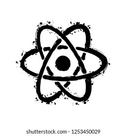 scientific atom symbol, simple icon. Black ink with splashes on white background