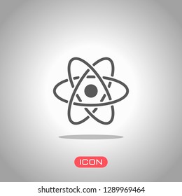 scientific atom symbol, simple icon. Icon under spotlight. Gray background