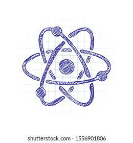 scientific atom symbol, simple icon. Hand drawn sketched picture with scribble fill. Blue ink. Doodle on white background