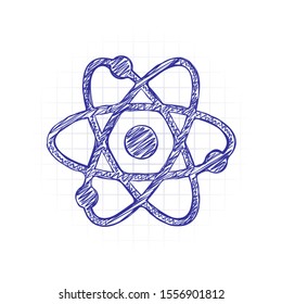 scientific atom symbol, simple icon. Hand drawn sketched picture with scribble fill. Blue ink. Doodle on white background
