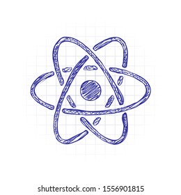 scientific atom symbol, simple icon. Hand drawn sketched picture with scribble fill. Blue ink. Doodle on white background