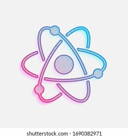 scientific atom symbol, simple icon. Colored logo with diagonal lines and blue-red gradient. Neon graphic, light effect