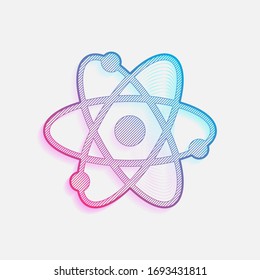 scientific atom symbol, simple icon. Colored logo with diagonal lines and blue-red gradient. Neon graphic, light effect