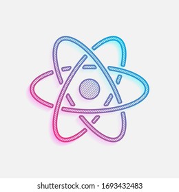 símbolo científico de átomo, icono simple. Logo coloreado con líneas diagonales y degradado azul-rojo. Gráfico neón, efecto ligero