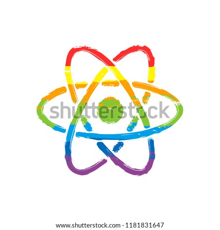 scientific atom symbol, simple icon. Drawing sign with LGBT style, seven colors of rainbow (red, orange, yellow, green, blue, indigo, violet