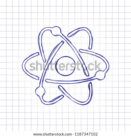scientific atom symbol, simple icon. Hand drawn picture on paper sheet. Blue ink, outline sketch style. Doodle on checkered background
