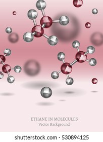Scientific backdrop with ethane molecules in 3D style. C264 vector illustrations isolated on a light grey and pink background. Chemical, educational and popular-scientific concept.
