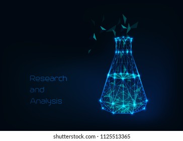 Scientific background with low poly wireframe beaker, test tube and abstract  tetrahedral structure compound. Future science concept. Vector polygonal illustration, lines and dots, geometrical design.