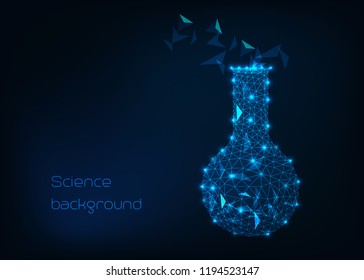 Scientific background with low poly wireframe beaker, test tube and abstract tetrahedral structure compound. Future science concept. Vector polygonal illustration, lines and dots, geometrical design.