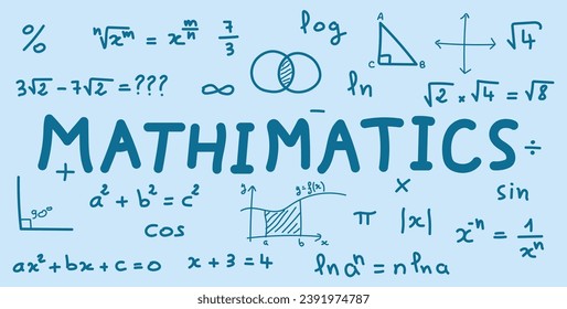 Scientific background with mathematical formulas. Mathematics equations and formula. Geometry background, formulas, shapes and graphics. Math resources for teachers and students. Vector illustration.