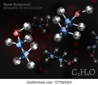 Scientific background with metallic ethanol molecules in volumetric style. C2H6O vector illustration on a dark black and red backdrop. Medical, educational and popular-scientific concept.