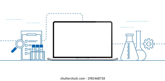 Scientific banner vector design with laptop and laboratory gear.
