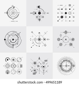 Scientific bauhaus technology circular grids vector set. Structure geometric pattern illustration
