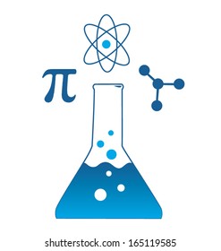 Scientific Beaker Icon with Pi, Atom, and Molecule Symbols