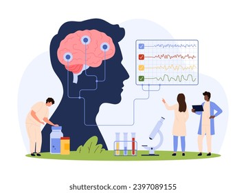 Ilustración vectorial de la investigación de enfermedades cerebrales científicas. Las personas diminutas de las caricaturas analizan el cerebro humano en los pacientes a través de sensores conectados a la máquina de electroencefalografía de laboratorio, los neurólogos examinan la electroencefalografía