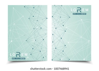 Scientific brochure design template. Vector flyer layout, Molecular structure with connected lines and dots. Scientific pattern atom DNA with elements for magazine, leaflet, cover, poster design