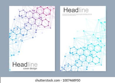 Scientific brochure design template. Vector flyer layout, Molecular structure with connected lines and dots. Scientific pattern atom DNA with elements for magazine, leaflet, cover, poster design.