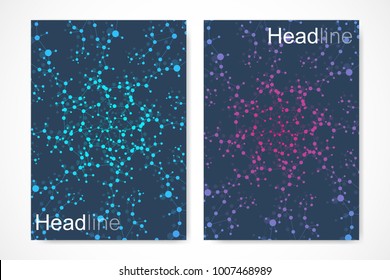 Scientific brochure design template. Vector flyer layout, Molecular structure with connected lines and dots. Scientific pattern atom DNA with elements for magazine, leaflet, cover, poster design