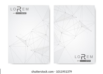 Scientific brochure design template. Vector flyer layout, Molecular structure with connected lines and dots. Scientific pattern atom DNA with elements for magazine, leaflet, cover, poster design