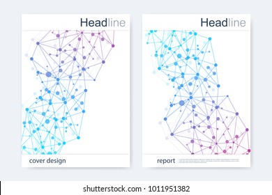 Scientific brochure design template. Vector flyer layout, Molecular structure with connected lines and dots. Scientific pattern atom DNA with elements for magazine, leaflet, cover, poster design.