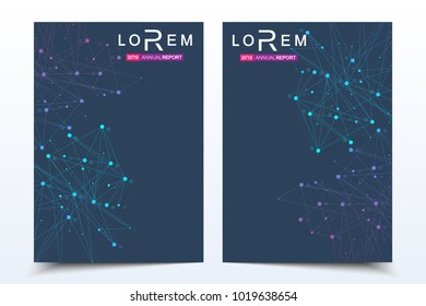 Scientific brochure design template. Vector flyer layout, Molecular structure with connected lines and dots. Scientific pattern atom DNA with elements for magazine, leaflet, cover, poster design