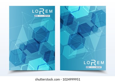 Scientific brochure design template. Vector flyer layout, Molecular structure with connected lines and dots. Scientific pattern atom DNA with elements for magazine, leaflet, cover, poster design