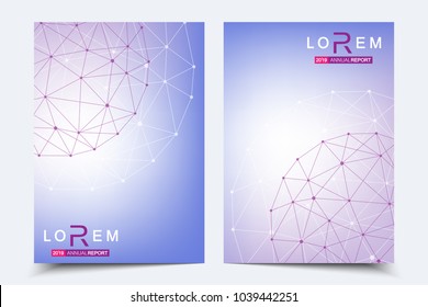 Scientific brochure design template. Vector flyer layout, Molecular structure with connected lines and dots. Scientific pattern atom DNA with elements for magazine, leaflet, cover, poster design