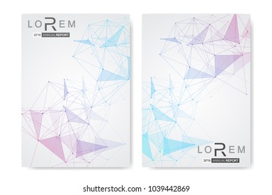 Scientific brochure design template. Vector flyer layout, Molecular structure with connected lines and dots. Scientific pattern atom DNA with elements for magazine, leaflet, cover, poster design