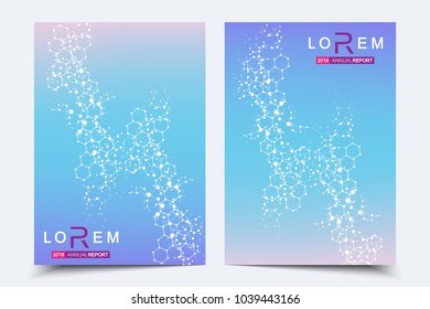 Scientific brochure design template. Vector flyer layout, Molecular structure with connected lines and dots. Scientific pattern atom DNA with elements for magazine, leaflet, cover, poster design