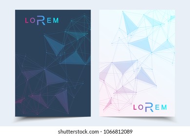 Scientific brochure design template. Vector flyer layout, Molecular structure with connected lines and dots. Scientific pattern atom DNA with elements for magazine, leaflet, cover, poster design
