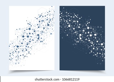 Scientific brochure design template. Vector flyer layout, Molecular structure with connected lines and dots. Scientific pattern atom DNA with elements for magazine, leaflet, cover, poster design