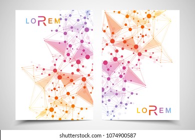 Scientific brochure design template. Vector flyer layout, Molecular structure with connected lines and dots. Scientific pattern atom DNA with elements for magazine, leaflet, cover, poster design