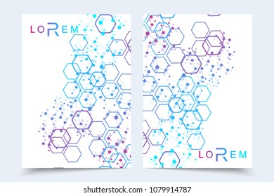 Scientific brochure design template. Vector flyer layout, Molecular structure with connected lines and dots. Scientific pattern atom DNA with elements for magazine, leaflet, cover, poster design