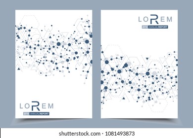 Scientific brochure design template. Vector flyer layout, Molecular structure with connected lines and dots. Scientific pattern atom DNA with elements for magazine, leaflet, cover, poster design