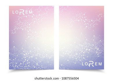 Scientific brochure design template. Vector flyer layout, Molecular structure with connected lines and dots. Scientific pattern atom DNA with elements for magazine, leaflet, cover, poster design.