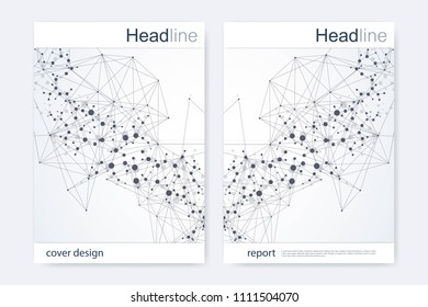 Scientific brochure design template. Vector flyer layout, Molecular structure with connected lines and dots. Scientific pattern atom DNA with elements for magazine, leaflet, cover, poster design