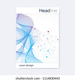Scientific brochure design template. Vector flyer layout, Molecular structure with connected lines and dots. Scientific pattern atom DNA with elements for magazine, leaflet, cover, poster design