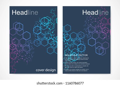 Scientific brochure design template. Vector flyer layout, Molecular structure with connected lines and dots. Scientific pattern atom DNA with elements for magazine, leaflet, cover, poster design.