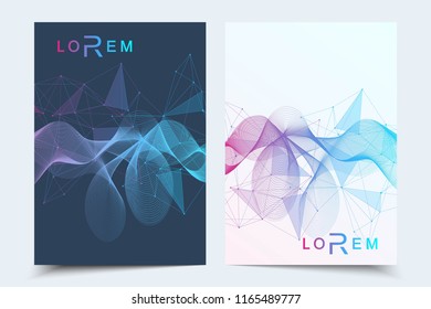 Scientific brochure design template. Vector flyer layout, Molecular structure with connected lines and dots. Scientific pattern atom DNA with elements for magazine, leaflet, cover, poster design