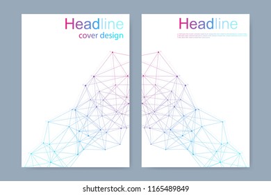 Scientific brochure design template. Vector flyer layout, Molecular structure with connected lines and dots. Scientific pattern atom DNA with elements for magazine, leaflet, cover, poster design