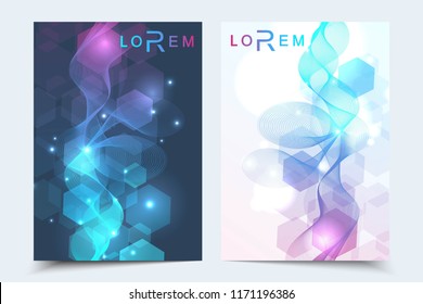 Scientific brochure design template. Vector flyer layout, Molecular structure with connected lines and dots. Scientific pattern atom DNA with elements for magazine, leaflet, cover, poster design