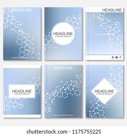 Scientific brochure design template. Vector flyer layout, Molecular structure with connected lines and dots. Scientific pattern atom DNA with elements for magazine, leaflet, cover, poster design