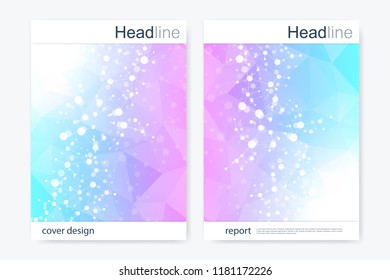 Scientific brochure design template. Vector flyer layout, Molecular structure with connected lines and dots. Scientific pattern atom DNA with elements for magazine, leaflet, cover, poster design