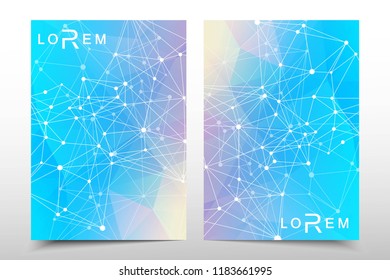 Scientific brochure design template. Vector flyer layout, Molecular structure with connected lines and dots. Scientific pattern atom DNA with elements for magazine, leaflet, cover, poster design