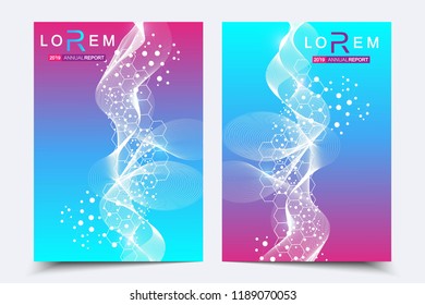 Scientific brochure design template. Vector flyer layout, Molecular structure with connected lines and dots. Scientific pattern atom DNA with elements for magazine, leaflet, cover, poster design