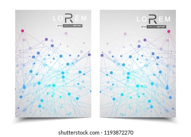 Scientific brochure design template. Vector flyer layout, Molecular structure with connected lines and dots. Scientific pattern atom DNA with elements for magazine, leaflet, cover, poster design