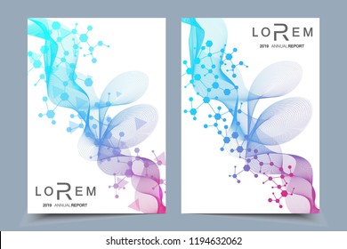 Scientific brochure design template. Vector flyer layout, Molecular structure with connected lines and dots. Scientific pattern atom DNA with elements for magazine, leaflet, cover, poster design